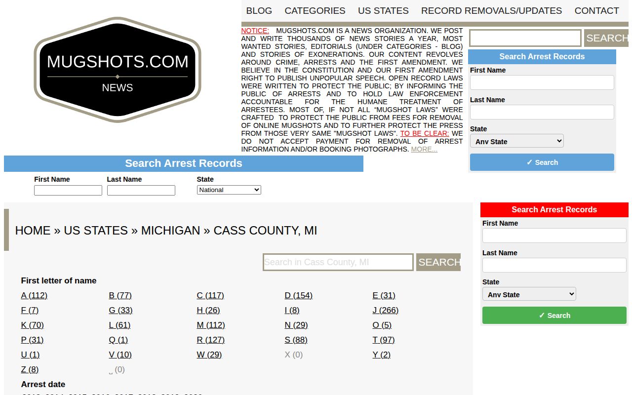Cass County unofficial mugshot archive interface