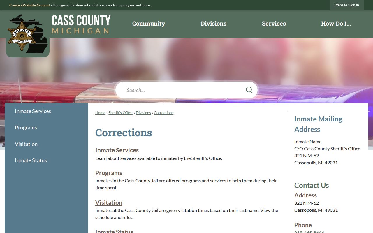Cass County Corrections custody record page